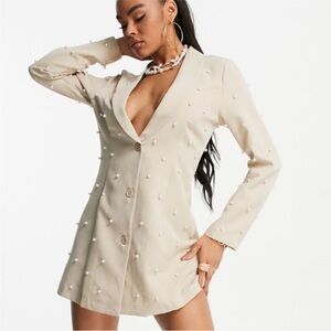 ASOS Saint Genies Beige Pearl Embellished Long Sleeve Dress